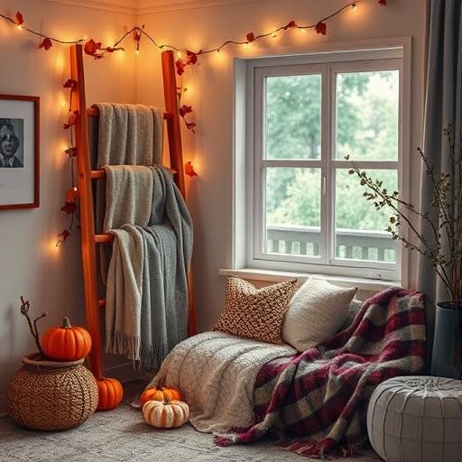 A serene reading nook with a rustic blanket ladder nearby and cozy vibes around.