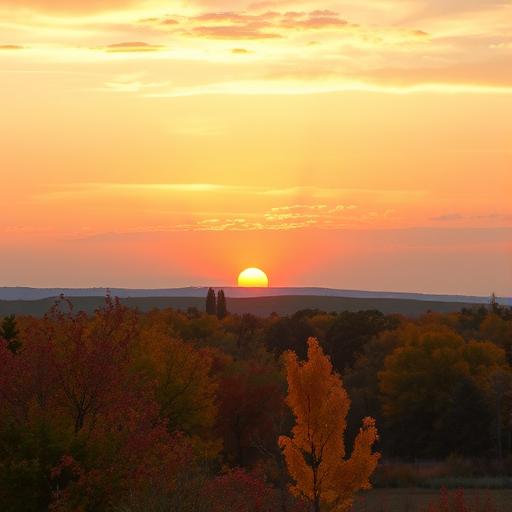 A serene September sunrise over a colorful landscape with autumn leaves