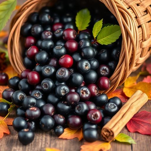 A vibrant close-up of fresh, juicy elderberries spilling out of a rustic basket