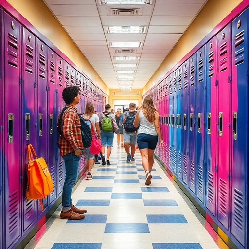 A vibrant school hallway bustling with students.