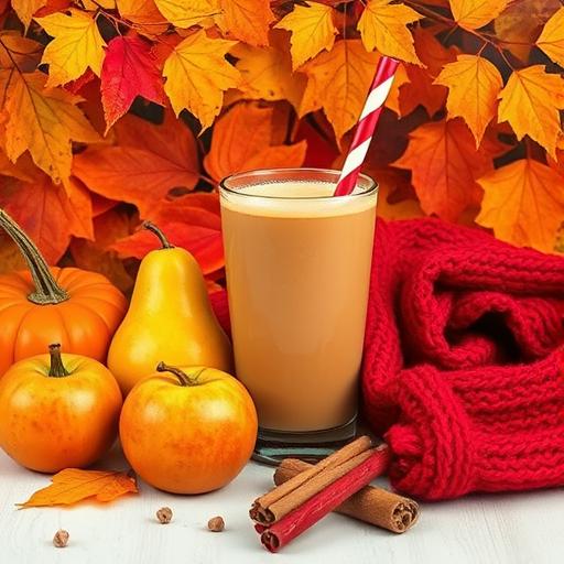 Autumn-themed smoothie spread with apples, pears, and pumpkins