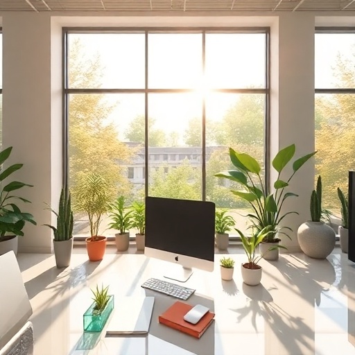 A modern office with an abundance of natural light, featuring large windows, a desk, computer, notebook, and plants