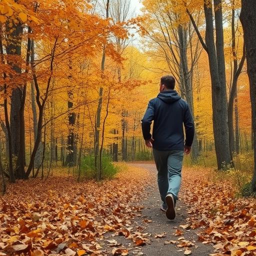 An individual taking a leisurely walk through an autumn forest, showcasing the beauty of fall colors.