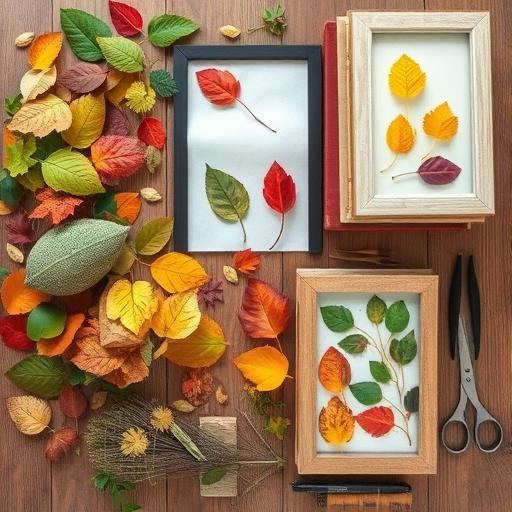 Overhead view of leaves being pressed between sheets of wax paper in a large book