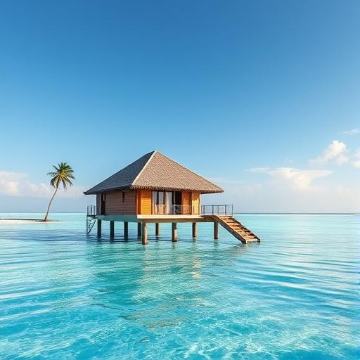 Overwater bungalows in the Maldives with clear blue water