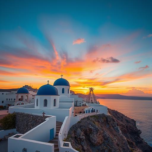 Iconic white houses on rocky cliffs with blue-domed churches in Santorini during sunset