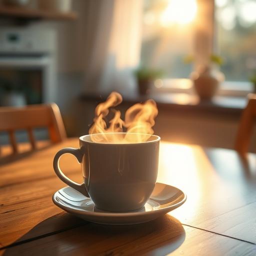 Serene morning scene with a steaming cup of coffee