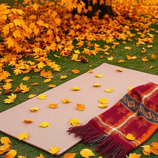 Serene outdoor setting with yoga mat and autumn leaves