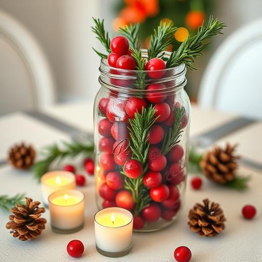 A DIY centerpiece using a mason jar with cranberries and rosemary