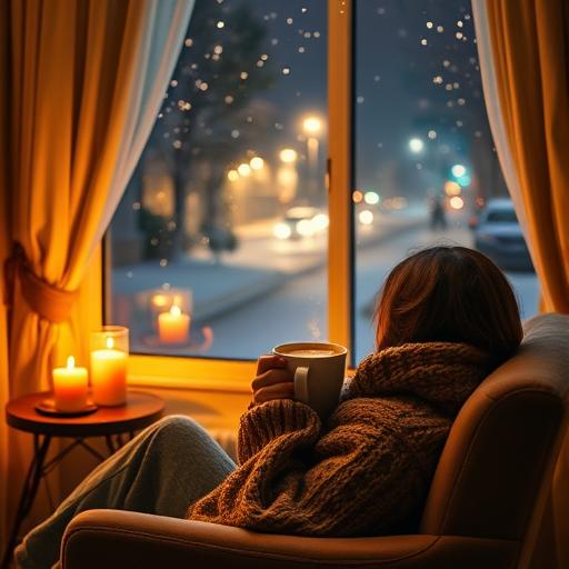 A warm and inviting room with a person wrapped in a cozy sweater, sipping hot cocoa by candlelight.