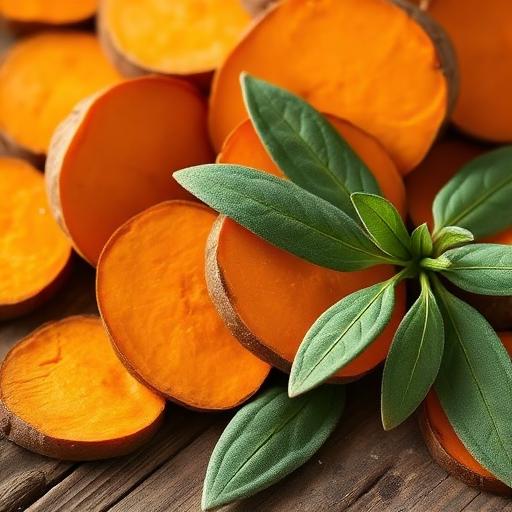Close-up of sage and sweet potatoes in a cozy kitchen setting