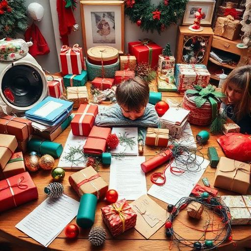 A cluttered table with checklists and holiday planning materials.