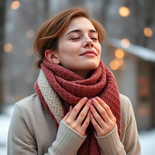 A depiction of someone setting a cozy winter meditation routine with a serene backdrop