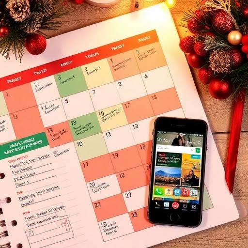 A festive and organized workspace with digital planning tools.