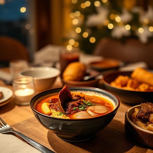 A heartwarming winter setting with a table filled with comforting dishes