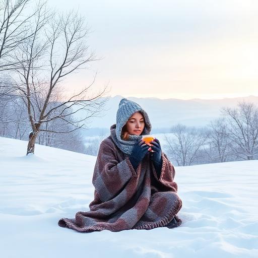 A serene winter scene with a person meditating on a snowy landscape, wrapped in a cozy blanket, sipping a hot drink