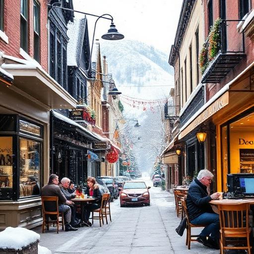 A serene winter scene in Aspen, featuring snow-covered streets lined with boutique shops and cafes.