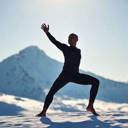 A silhouette of a person doing Warrior I pose
