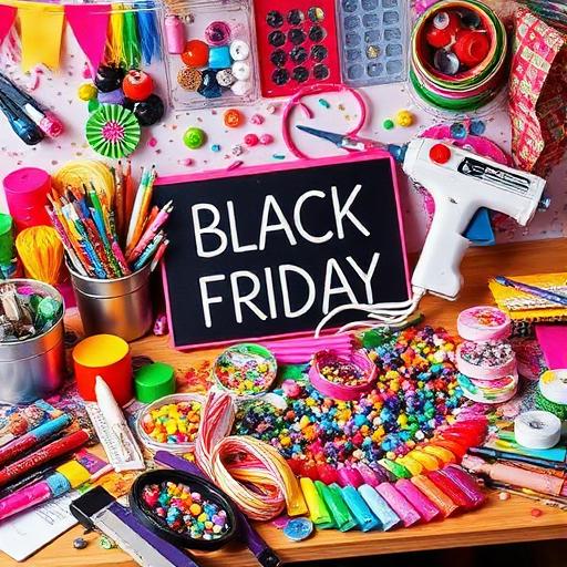 A vibrant, chaotic scene capturing the excitement of Black Friday crafting.