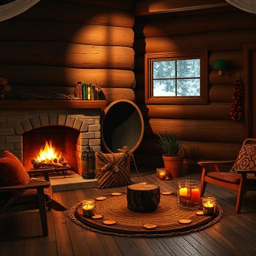 A warm cozy winter lodge with DIY wood slice crafts
