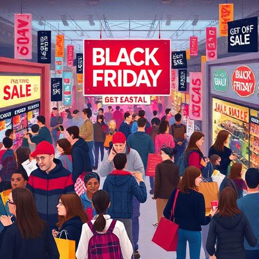 Illustration of Black Friday shopping excitement with vibrant colors, enthusiastic shoppers, and sale signs