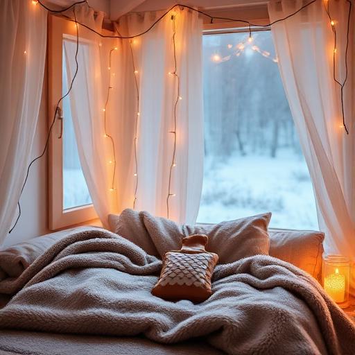 An inviting meditation space with plush blankets and gentle lighting
