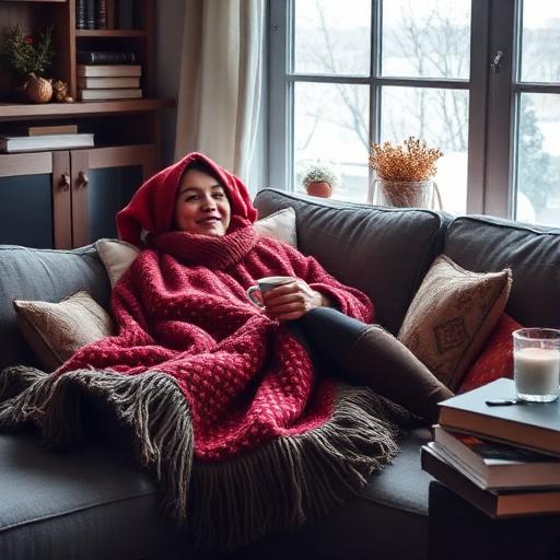 An inviting scene of someone sitting on a couch with a cozy blanket and a steaming mug of hot cocoa, surrounded by winter-themed decor and books. The atmosphere is warm, with soft lighting and snow visible through the window.