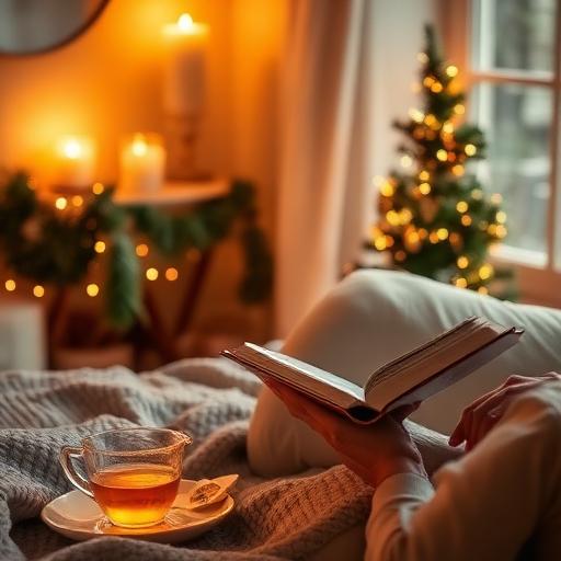 Image of a serene evening setting with soft lighting and music