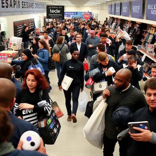 Depict the bustling atmosphere of Black Friday shopping