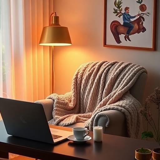 Serene Workspace with Plush Blanket and Warm Lighting