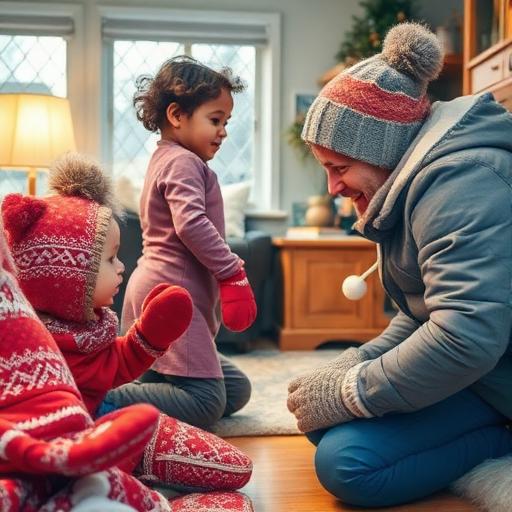 Visualize a chilly winter morning scene where a parent is frantically searching for their child's missing mittens.