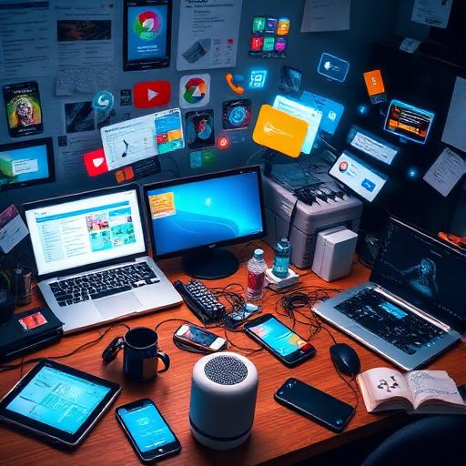 A chaotic scene at a desk with multiple digital devices