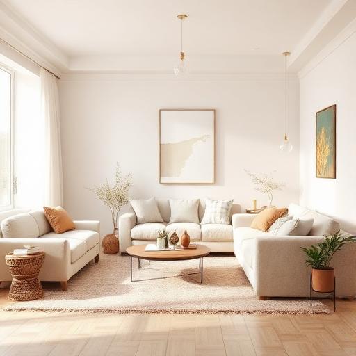 A cozy and serene living room with plush textures and soothing pastel colors.