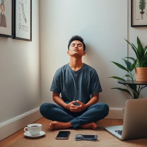 A peaceful scene with a person practicing mindfulness