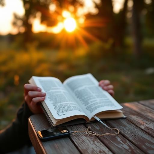 A serene scene showing a person sitting outdoors, surrounded by nature, completely engrossed in a book