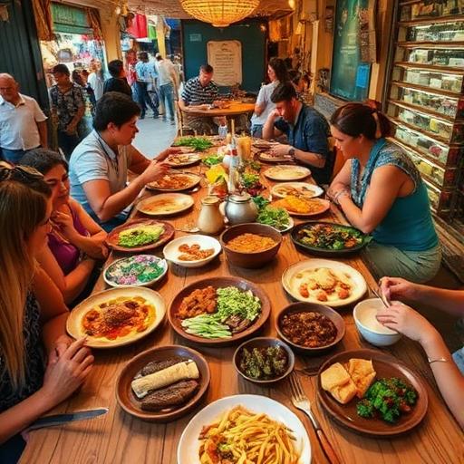 Travelers enjoying diverse traditional dishes in a cultural setting