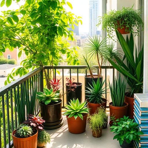 An urban balcony with lush greenery in vertical planters