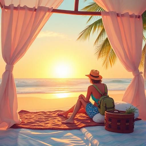Dreamy budget travel scene with a traveler waking up to the sound of waves on a sunny beach