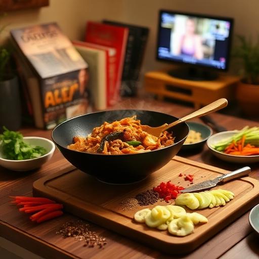 A cozy dinner scene featuring a one-pan meal with chicken and vegetables