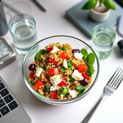 A lunchtime scene featuring neatly arranged quinoa salad and wraps on a table