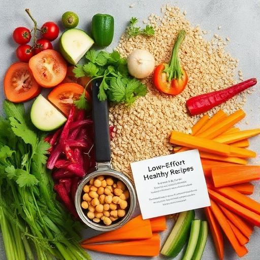 Aesthetically arranged flat-lay of colorful, fresh ingredients including cut vegetables, grains, and an open can of chickpeas, with a printed recipe card titled 'Low-Effort Healthy Recipes'